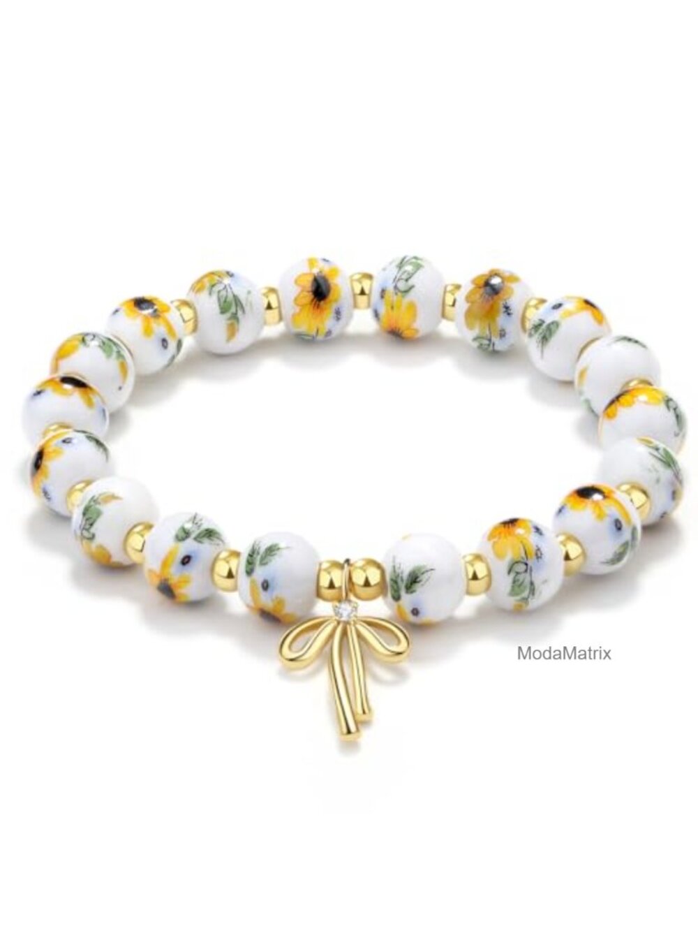 Bow Charm Bracelet Women 18K Gold Plated Crystal Beaded Stretch Bracelet